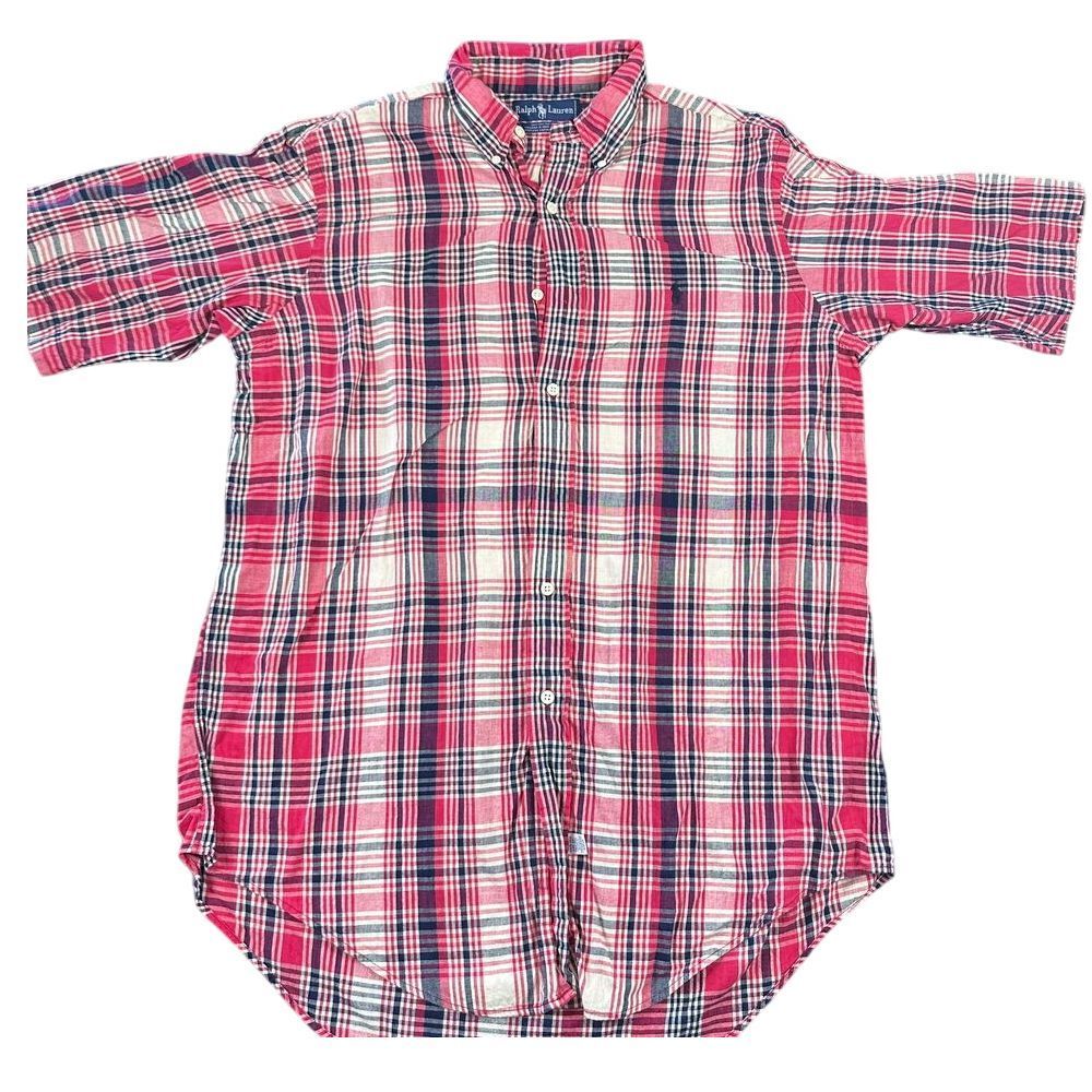 Ralph Lauren Madras Plaid Short Sleeve Button Down Shirt Cotton Red‎ Blue L